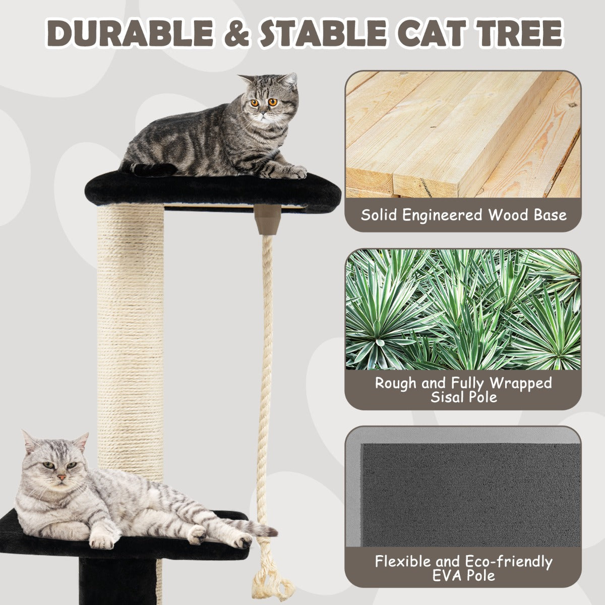 LIVSK Krabpaal met Springplatform en Hangende Bal - Pluche Zitstok - Duurzame Sisalpalen - Voor Gezonde Klauwen - Zwart