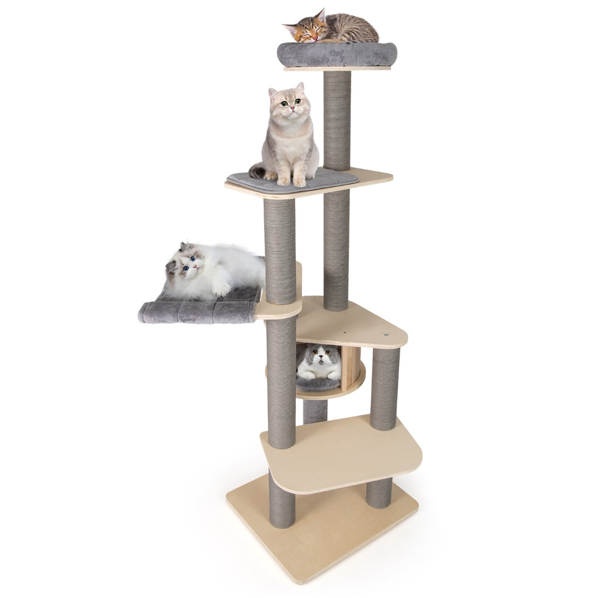 Livsk costway kattenboom met meerdere verdiepingen en een beklede rustplaats bovenaan klimboom voor binnen voor katten grijs