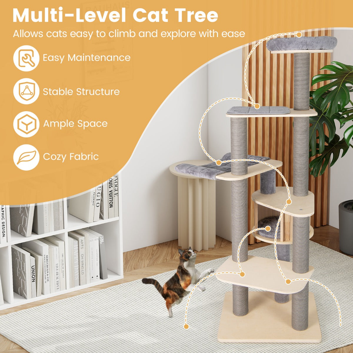Livsk costway kattenboom met meerdere verdiepingen en een beklede rustplaats bovenaan klimboom voor binnen voor katten grijs 2