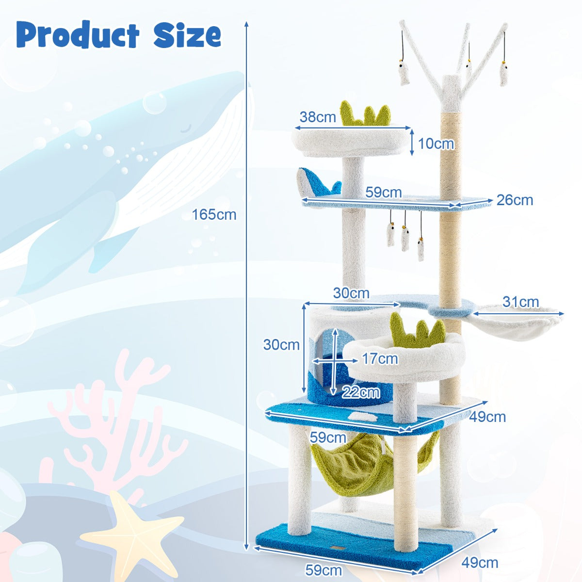 LIVSK Kattentoren met Oceaanthema - 2 Platforms - Mandbed - Hangmat - Krabpalen - Stabiel en Ruimtebesparend - Blauw
