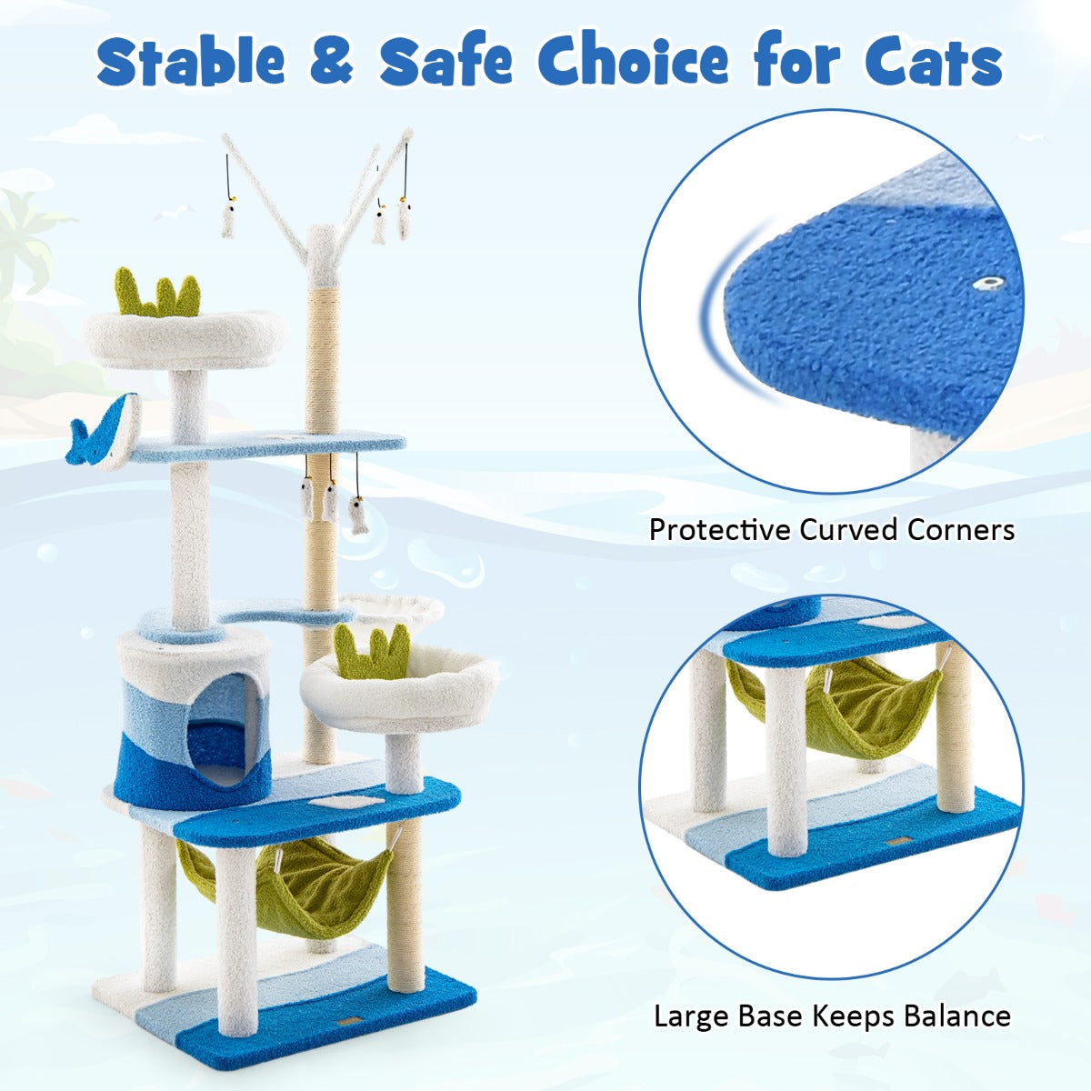 LIVSK Kattentoren met Oceaanthema - 2 Platforms - Mandbed - Hangmat - Krabpalen - Stabiel en Ruimtebesparend - Blauw