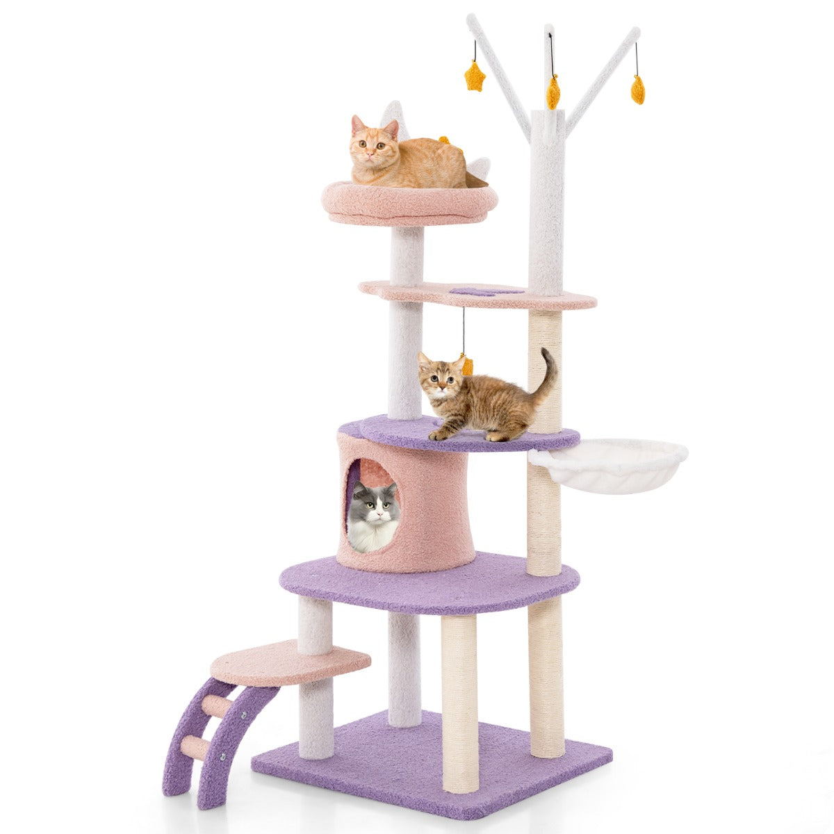 LIVSK Multi-Level Kattenboom - Luxe Paarsroze - Pluche Bekleding - Krabpalen & Hangmat - Speelplezier - 59 x 49 x 158 cm -