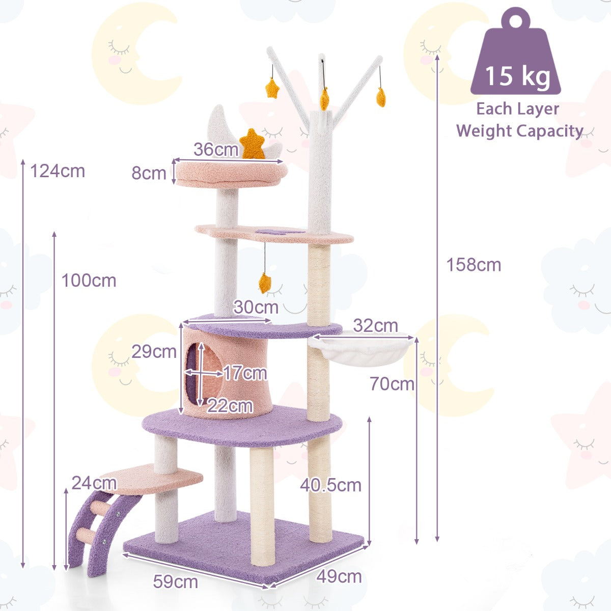 LIVSK Multi-Level Kattenboom - Luxe Paarsroze - Pluche Bekleding - Krabpalen & Hangmat - Speelplezier - 59 x 49 x 158 cm -