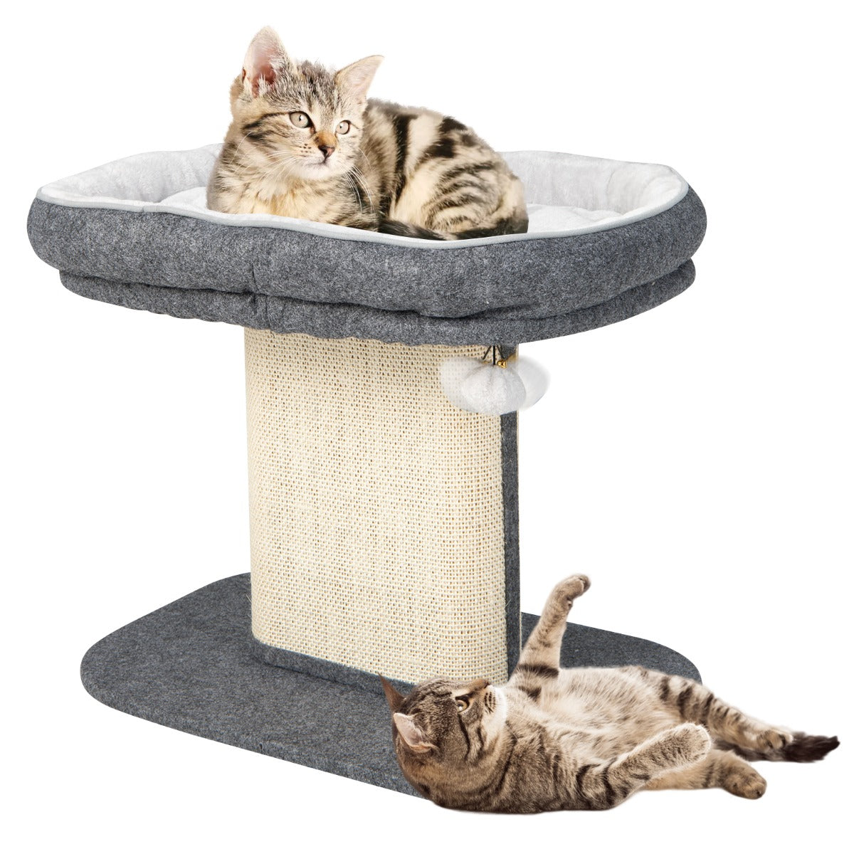 LIVSK Interactieve Kattenboom - Bovenste Zitstok met Pluche Kussen - Hangende Bal - Sisal Krabplaat - 59 x 39,5 x 50 cm - Grijs