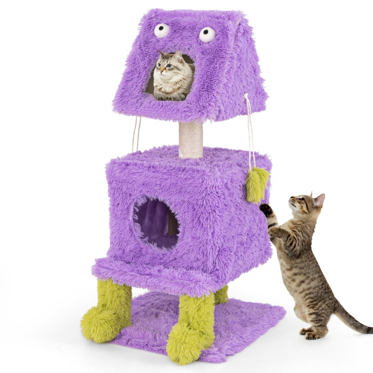 LIVSK Kattentoren met Monsterthema - 2 Appartementen - Sisal Krabpaal - Pluche Speelgoed - 48 x 48 x 111 cm - Paars + Groen