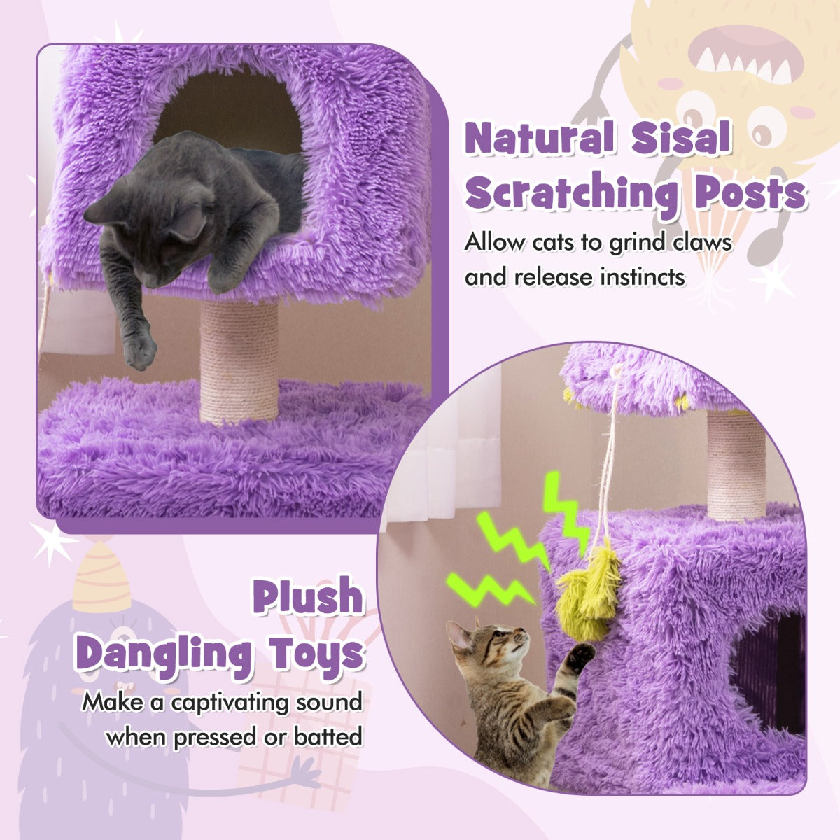 LIVSK Kattentoren met Monsterthema - 2 Appartementen - Sisal Krabpaal - Pluche Speelgoed - 48 x 48 x 111 cm - Paars + Groen