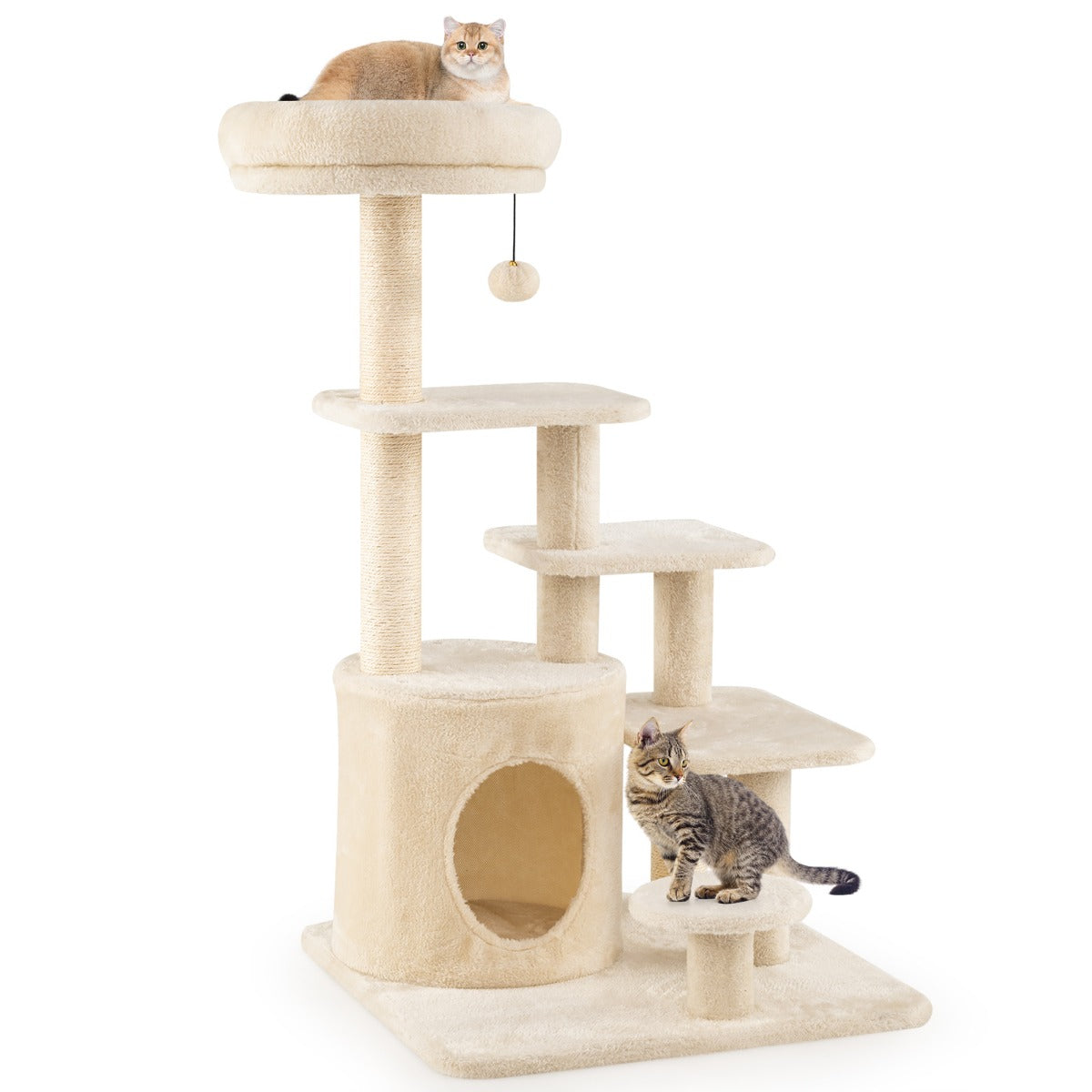 LIVSK Kattenboom met Meerdere Niveaus - Gevoerde Zitstok - Sisal Krabpalen - Speelse Pompon - Beige/Grijs