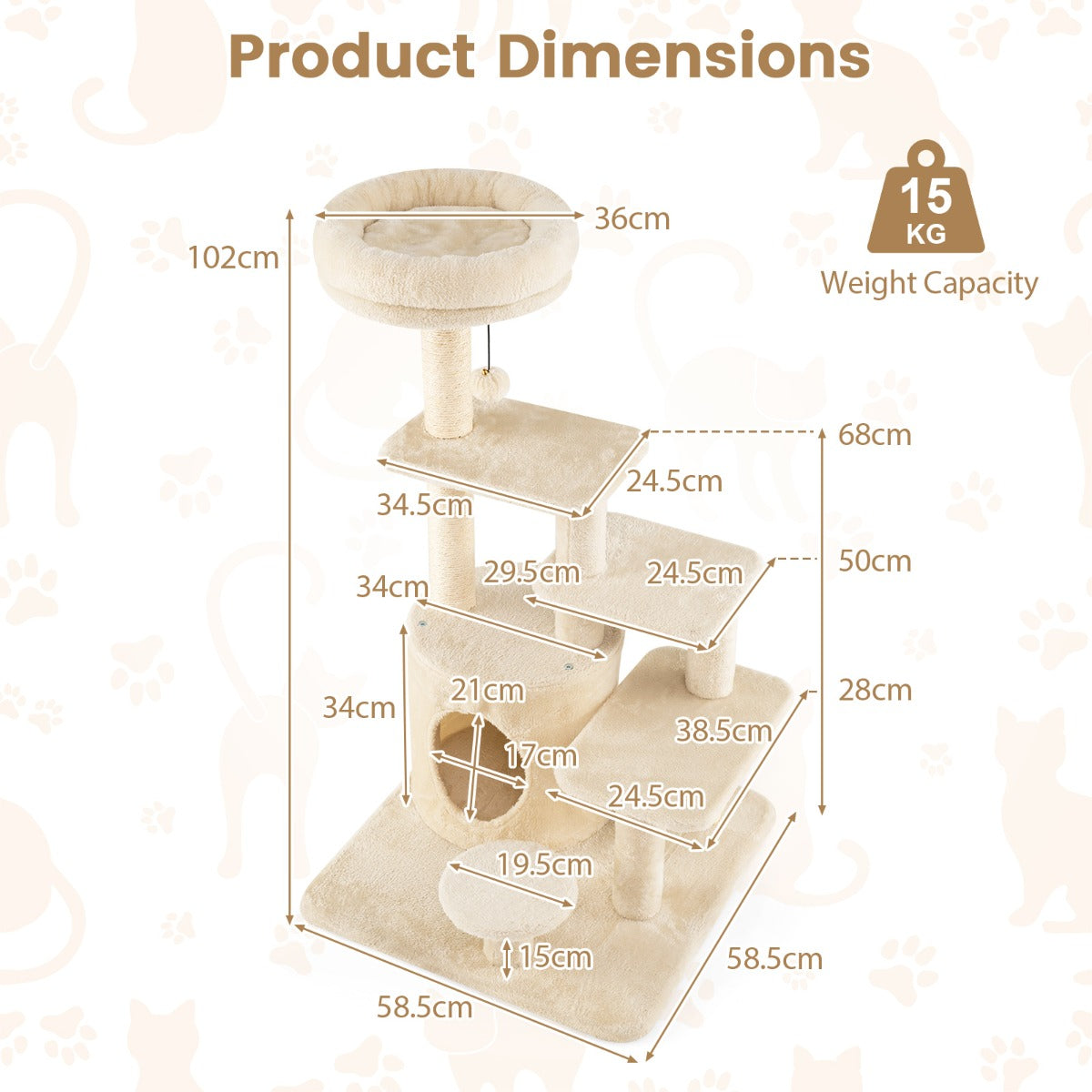 LIVSK Kattenboom met Meerdere Niveaus - Gevoerde Zitstok - Sisal Krabpalen - Speelse Pompon - Beige/Grijs