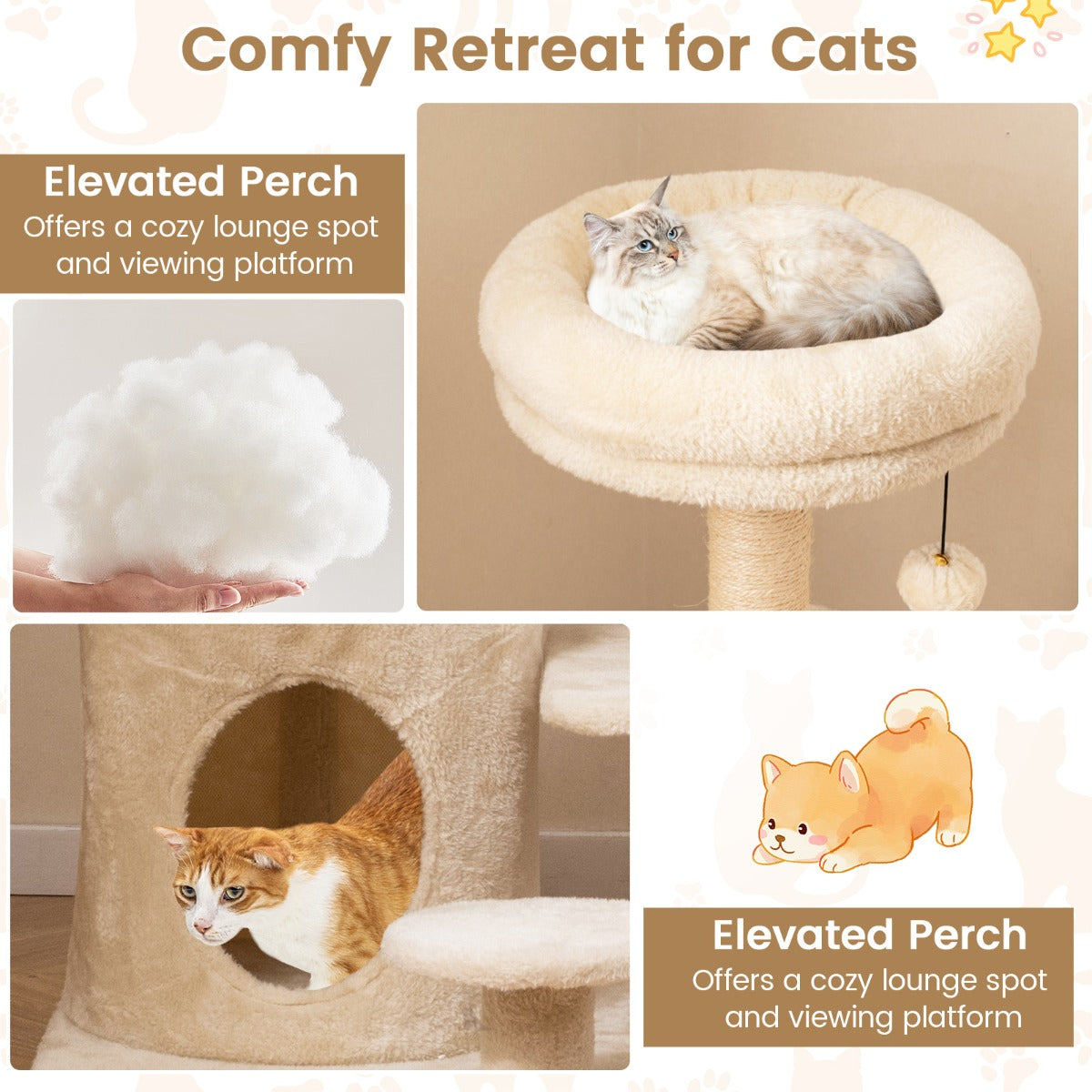 LIVSK Kattenboom met Meerdere Niveaus - Gevoerde Zitstok - Sisal Krabpalen - Speelse Pompon - Beige/Grijs