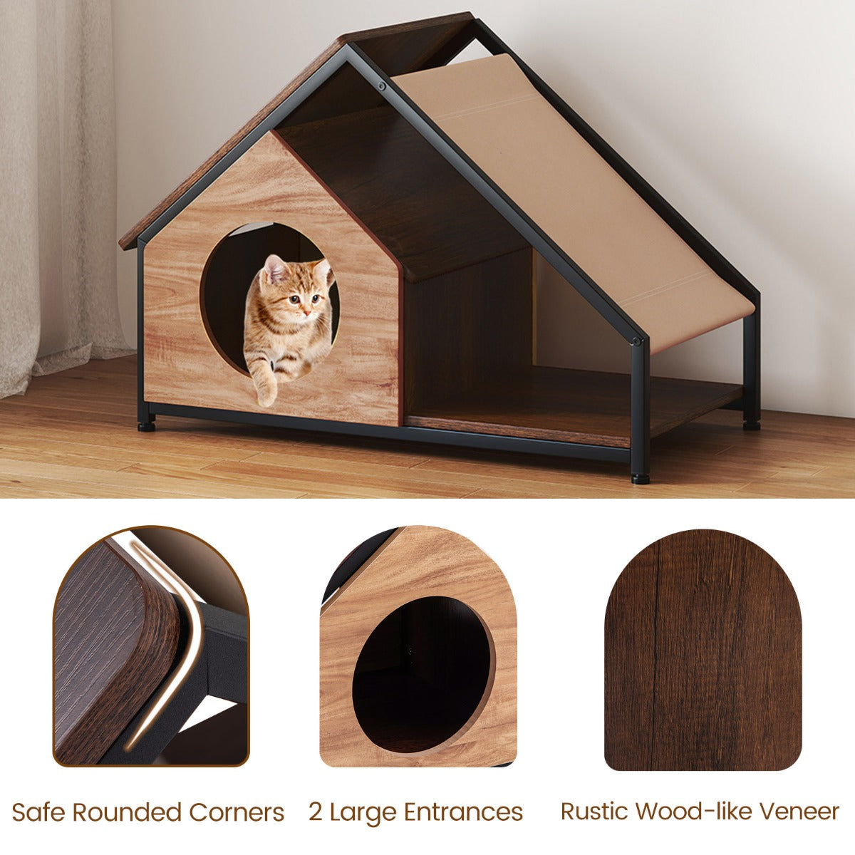 Livsk costway kattenboomhuis voor binnen kattenhuis met veranda kattenvilla in industriele stijl 6
