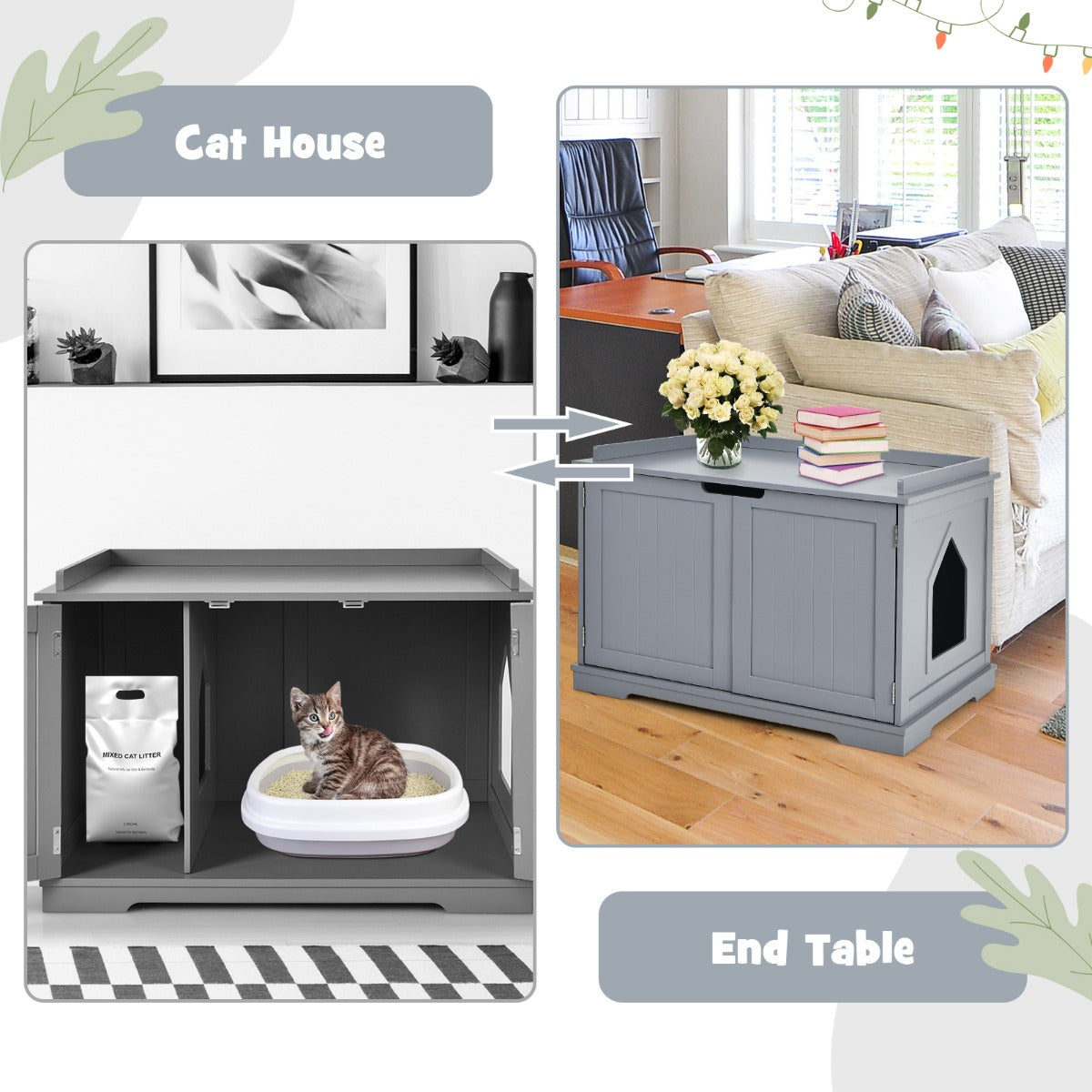 Livsk costway kattenhuis grote kattenbak binnen kattenhuis afgesloten katten wasruimte met kattenhol kattenkrat met stevige houten structuur grijs 3