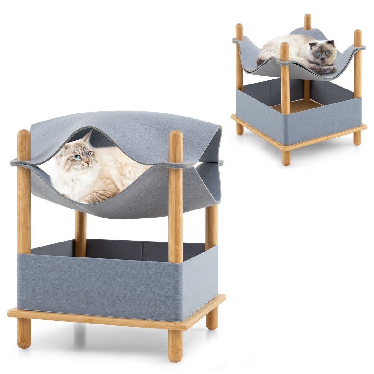 LIVSK Kattenhuis 2-Laags met Opbergruimte - Converteerbare Hangmat - Bamboeframe - Ademend Vilt - 40 x 40 x 53 cm - Naturel +