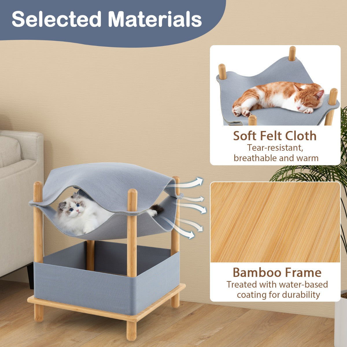 LIVSK Kattenhuis 2-Laags met Opbergruimte - Converteerbare Hangmat - Bamboeframe - Ademend Vilt - 40 x 40 x 53 cm - Naturel +