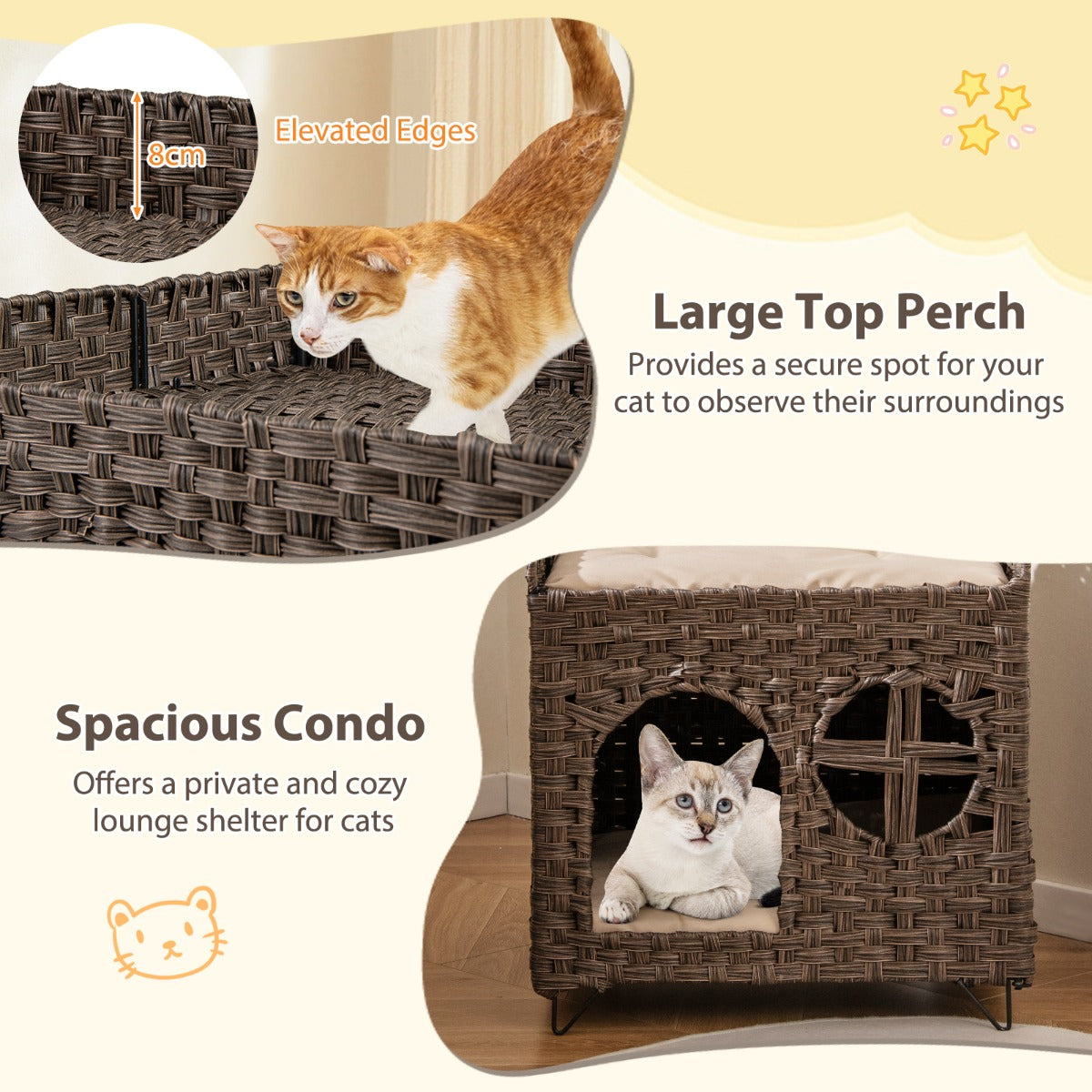 LIVSK Rieten Kattenhuis Opvouwbaar - 2 Verdiepingen met Wasbare Kussens - Luxe en Comfortabel - 50,5 x 45 x 50 cm - Bruin
