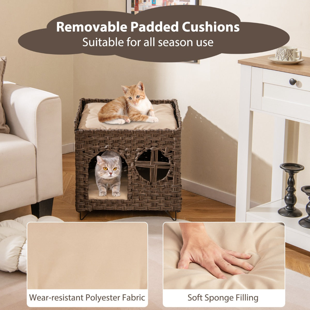 LIVSK Rieten Kattenhuis Opvouwbaar - 2 Verdiepingen met Wasbare Kussens - Luxe en Comfortabel - 50,5 x 45 x 50 cm - Bruin