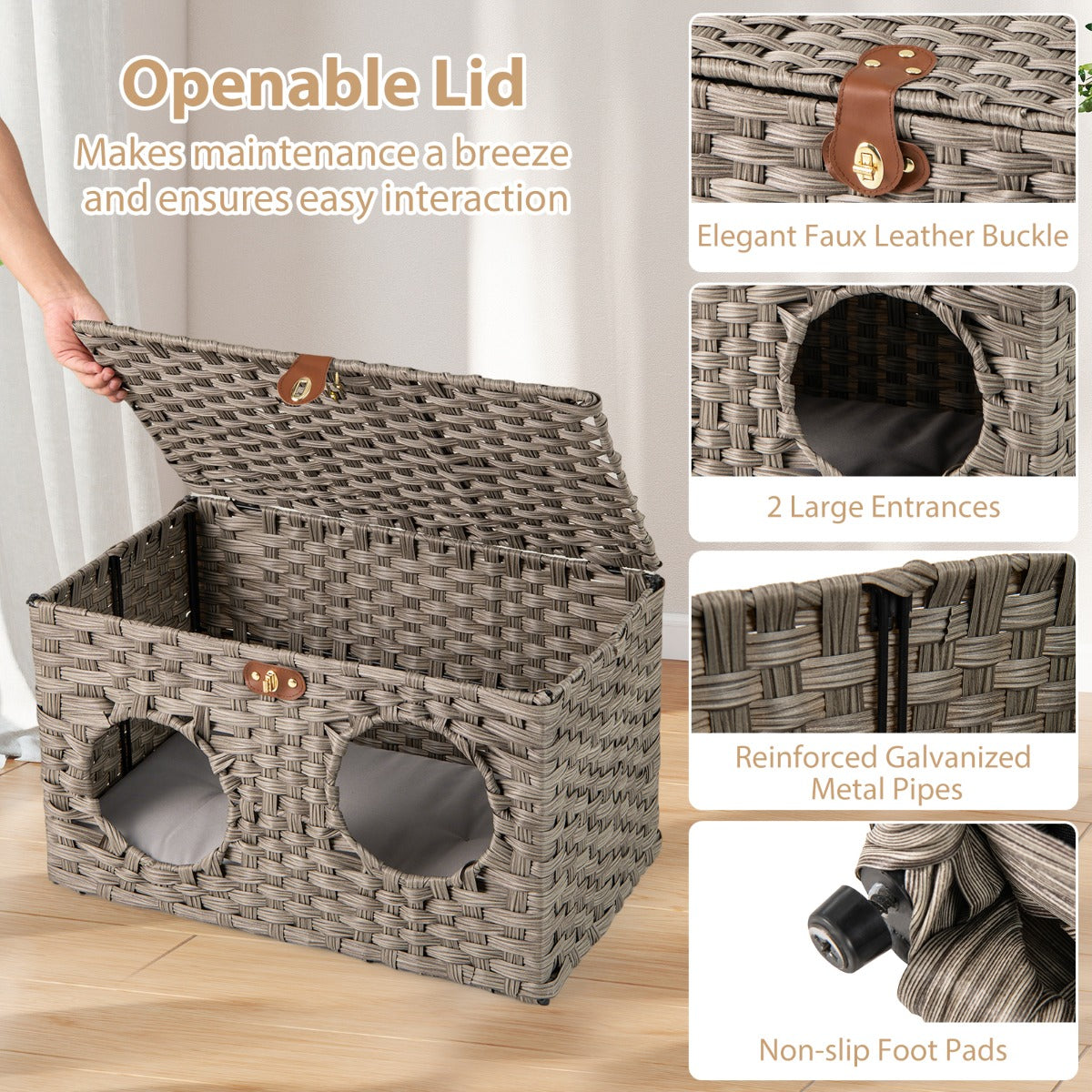 LIVSK Afsluitbaar Rieten Kattenhuis - Opvouwbaar - Afneembaar Kussen - Duurzaam PE-riet - 60 x 35 x 35 cm - Naturel