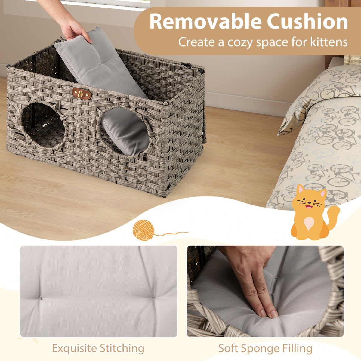LIVSK Afsluitbaar Rieten Kattenhuis - Opvouwbaar - Afneembaar Kussen - Duurzaam PE-riet - 60 x 35 x 35 cm - Naturel