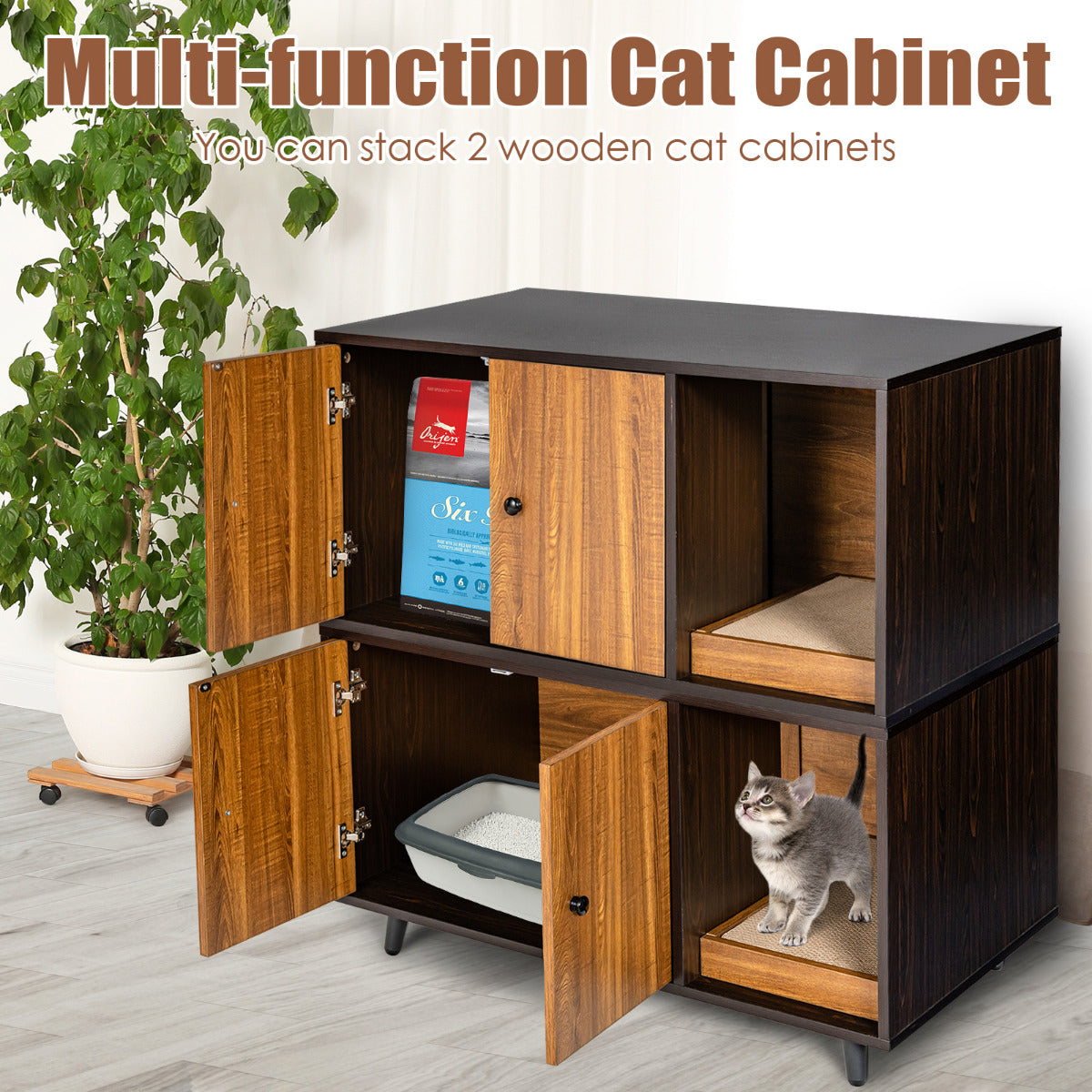 LIVSK 3-in-1 Kattenkast - Kattenhuis, Kattenbak en Salontafel - Met Krabmat en Magnetische Deuren - Stevige MDF en Metaal -