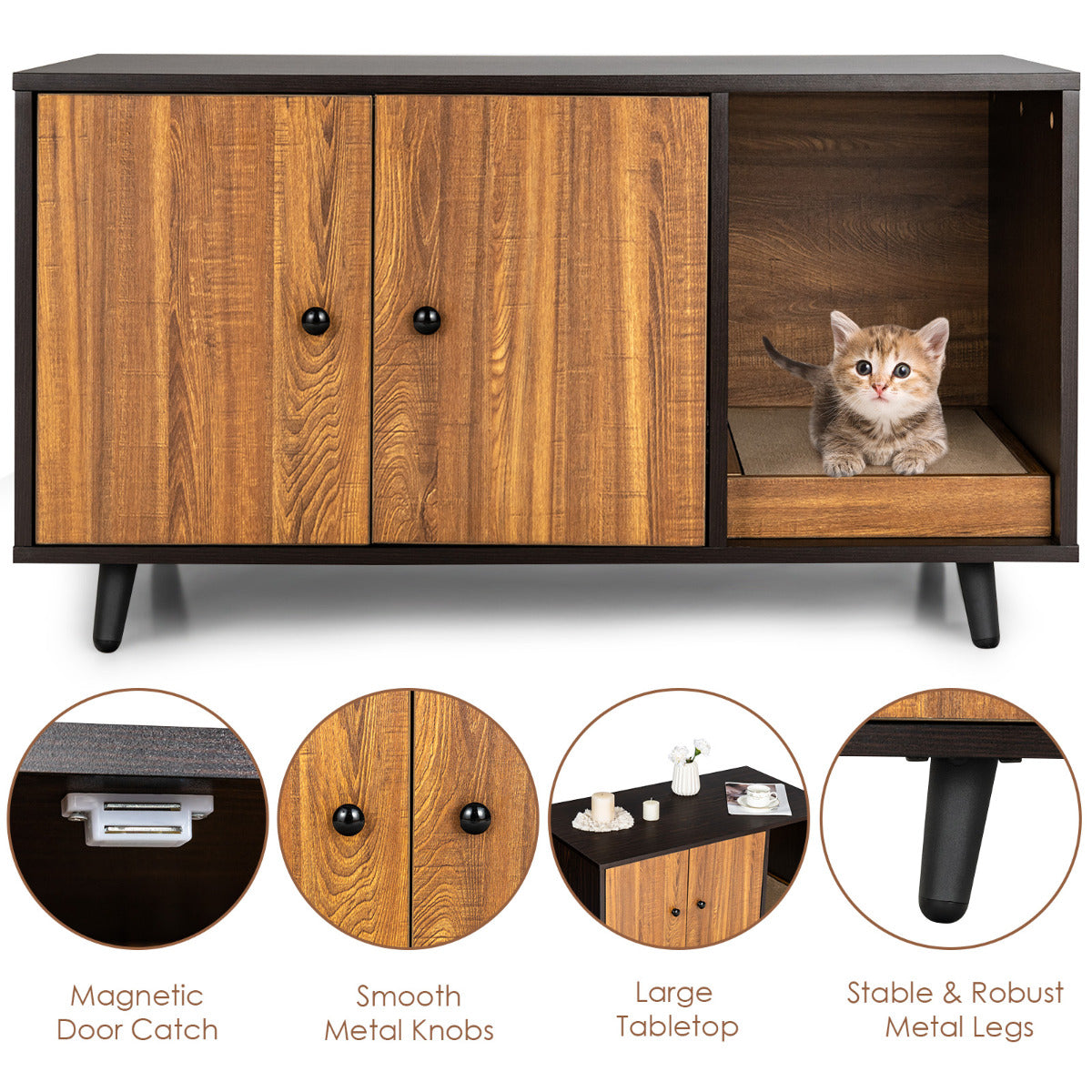 LIVSK 3-in-1 Kattenkast - Kattenhuis, Kattenbak en Salontafel - Met Krabmat en Magnetische Deuren - Stevige MDF en Metaal -