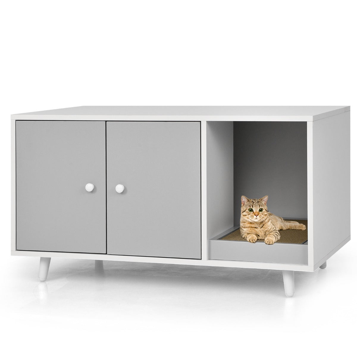 LIVSK 3-in-1 Kattenkast - Kattenhuis en Salontafel - Met Krabmat en Magnetische Deuren - Stevig MDF - 50 x 50 x 90 cm - Grijs