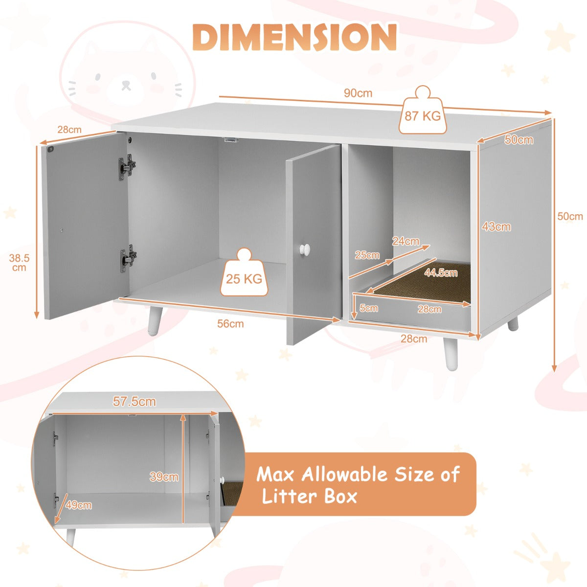 LIVSK 3-in-1 Kattenkast - Kattenhuis en Salontafel - Met Krabmat en Magnetische Deuren - Stevig MDF - 50 x 50 x 90 cm - Grijs