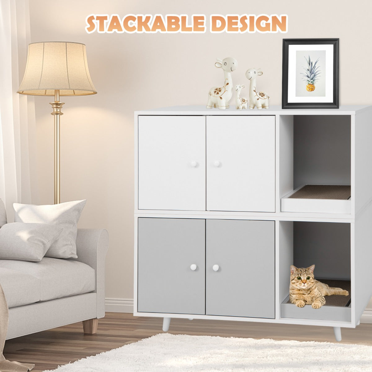 LIVSK 3-in-1 Kattenkast - Kattenhuis en Salontafel - Met Krabmat en Magnetische Deuren - Stevig MDF - 50 x 50 x 90 cm - Grijs