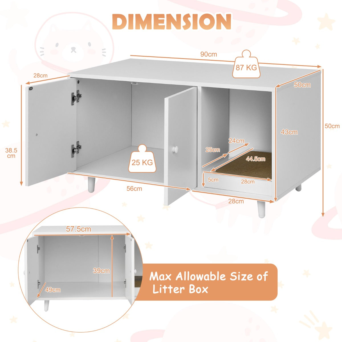 LIVSK 3-in-1 Kattenkast - Multifunctioneel als Kattenhuis, Kattenbak en Salontafel - Magnetische Deuren - Wit