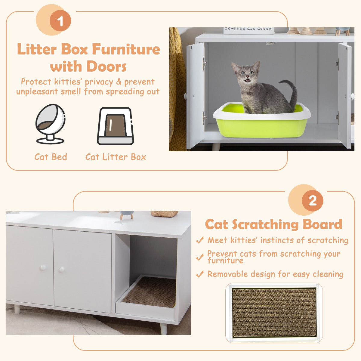 LIVSK 3-in-1 Kattenkast - Multifunctioneel als Kattenhuis, Kattenbak en Salontafel - Magnetische Deuren - Wit