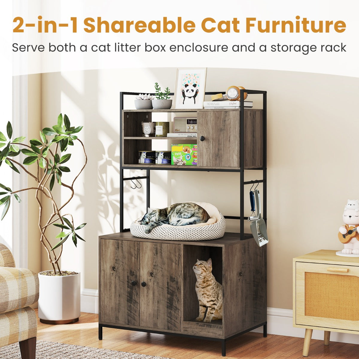 Livsk costway kattenkast grote verborgen kattenwasruimte meubels modern houten kattenhuis voor binnen huisdierenkast 3