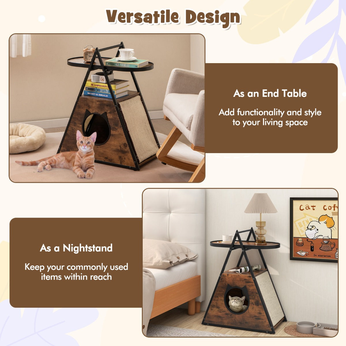 LIVSK Kattenkast en Bijzettafel - 2-in-1 Meubel met Opbergruimte - Krasbestendig - Eenvoudige Montage - 60 x 33 x 76 cm - Bruin +