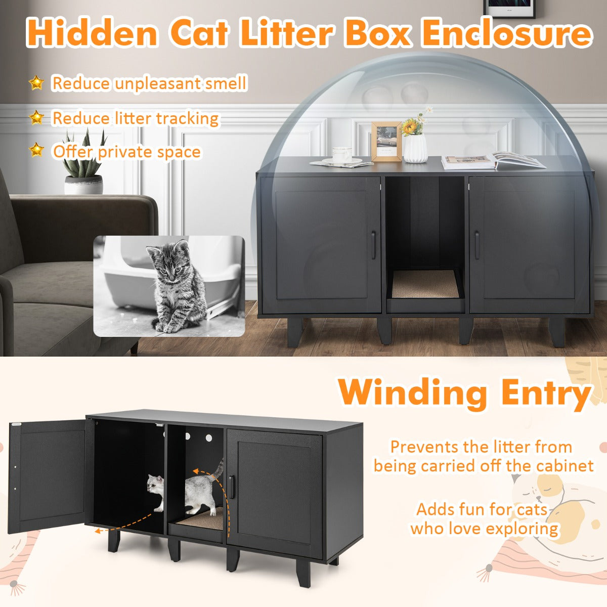 Livsk costway kattenkast kattenhuis met 2 deuren multifunctioneel kattenmeubilair voor de woonkamer 6