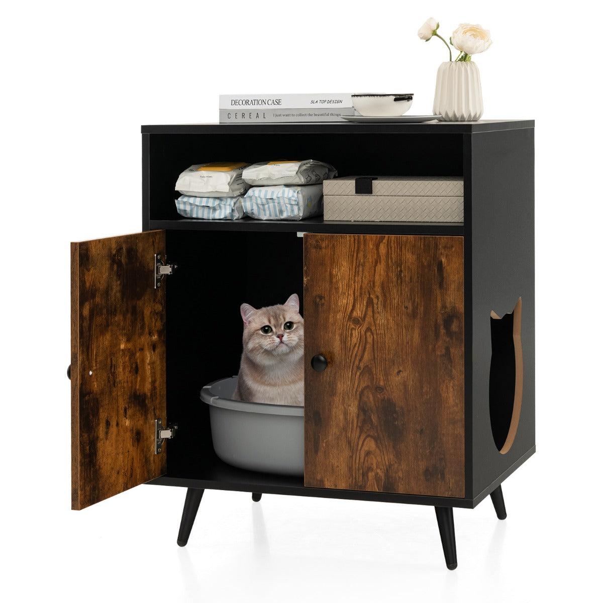 LIVSK Verborgen Kattenbakmeubel - Dubbele Deuren voor Privacy - Opbergruimte en Stijlvol Design - 60 x 45 x 75 cm - Zwart + Bruin