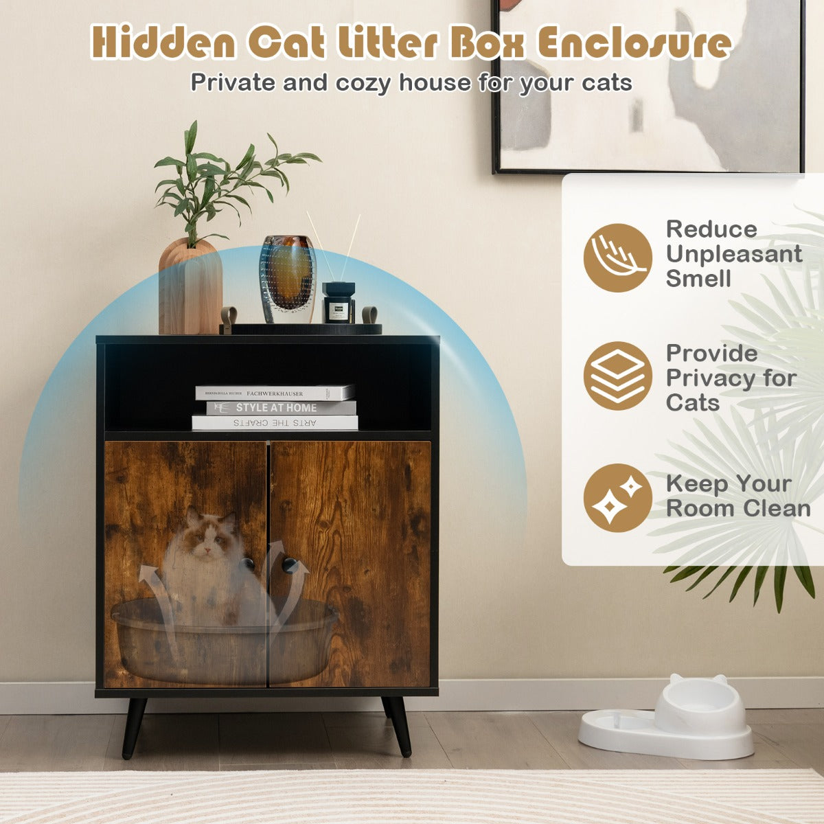 LIVSK Verborgen Kattenbakmeubel - Dubbele Deuren voor Privacy - Opbergruimte en Stijlvol Design - 60 x 45 x 75 cm - Zwart + Bruin