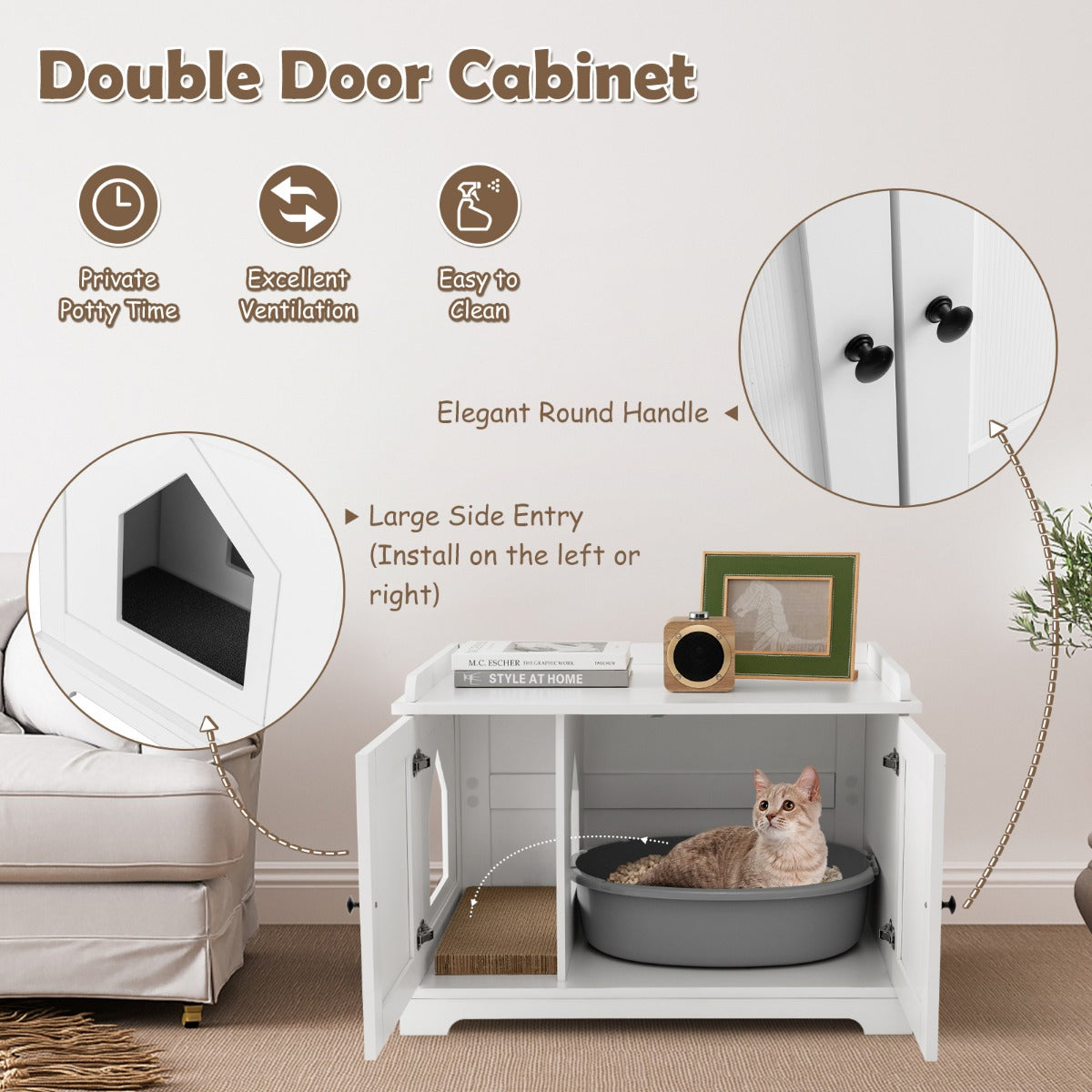 LIVSK Kattenhuis en Bijzettafel - Verstelbare Scheidingswand - Krasbestendig - Ruimte voor Kattentoilet - 75 x 51 x 53 cm - Wit