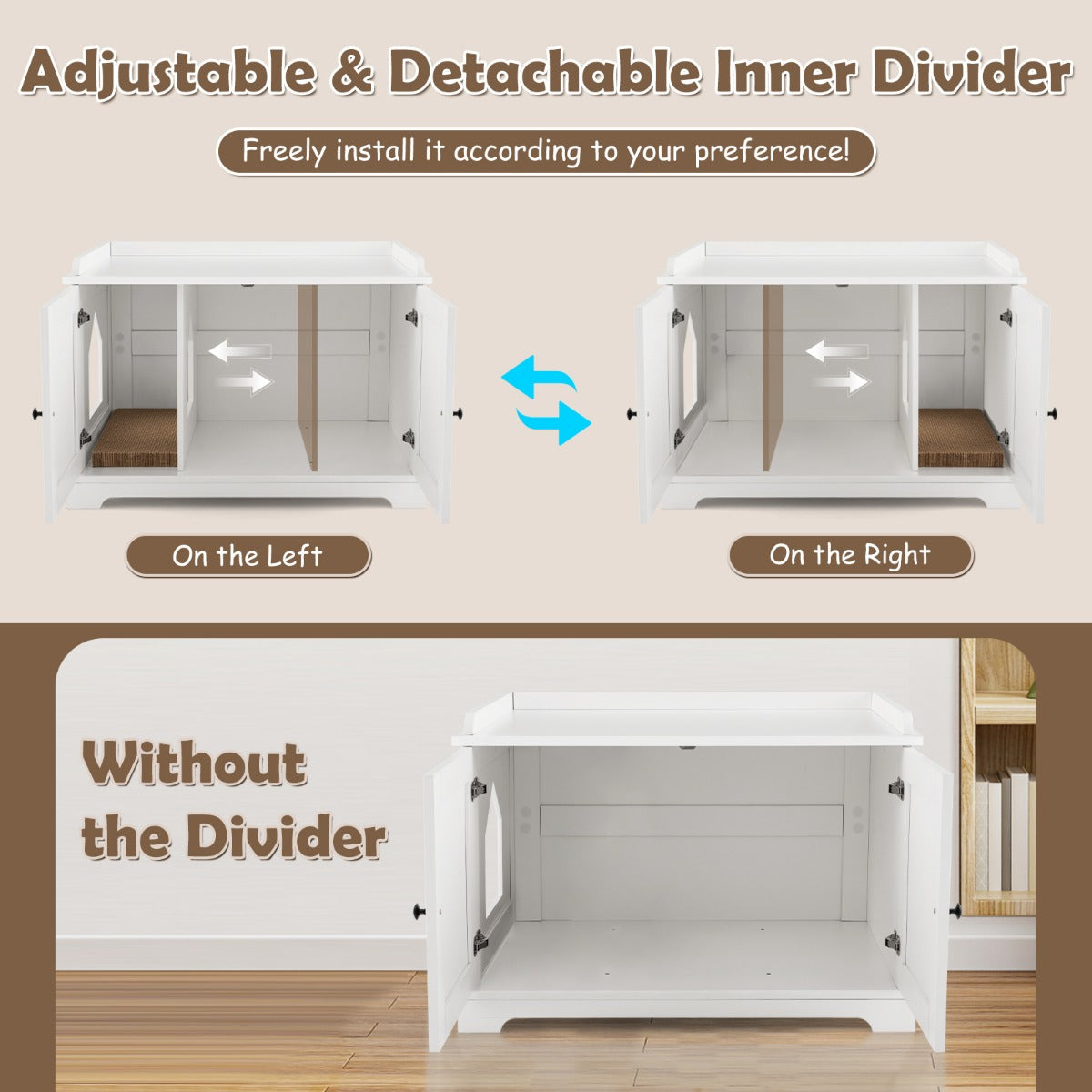 LIVSK Kattenhuis en Bijzettafel - Verstelbare Scheidingswand - Krasbestendig - Ruimte voor Kattentoilet - 75 x 51 x 53 cm - Wit