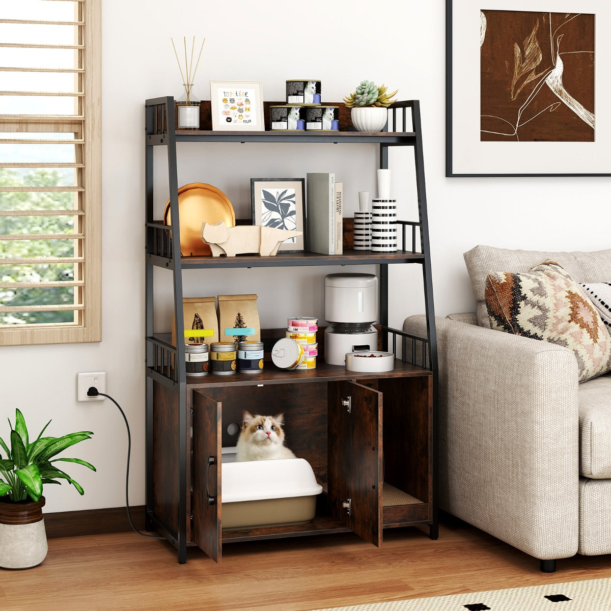LIVSK kattenbakkast met geïntegreerd oplaadstation - Ventilatieopeningen - Krabmat - 80 x 40 x 132 cm - Bruin