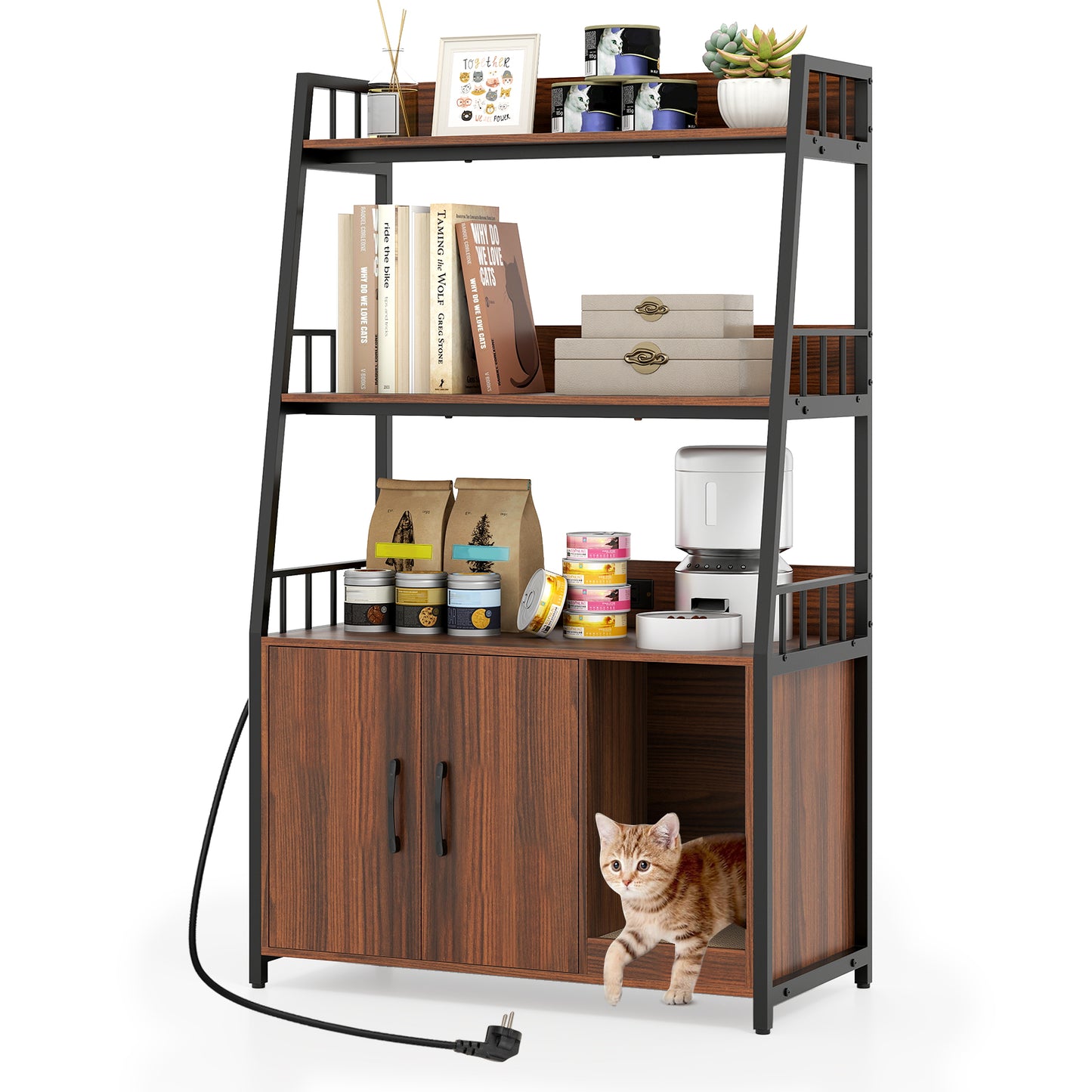 LIVSK multifunctionele kattenbakkast met oplaadstation - Ruim ontwerp met ventilatie - Krabmat - 80 x 40 x 132 cm - Walnoot