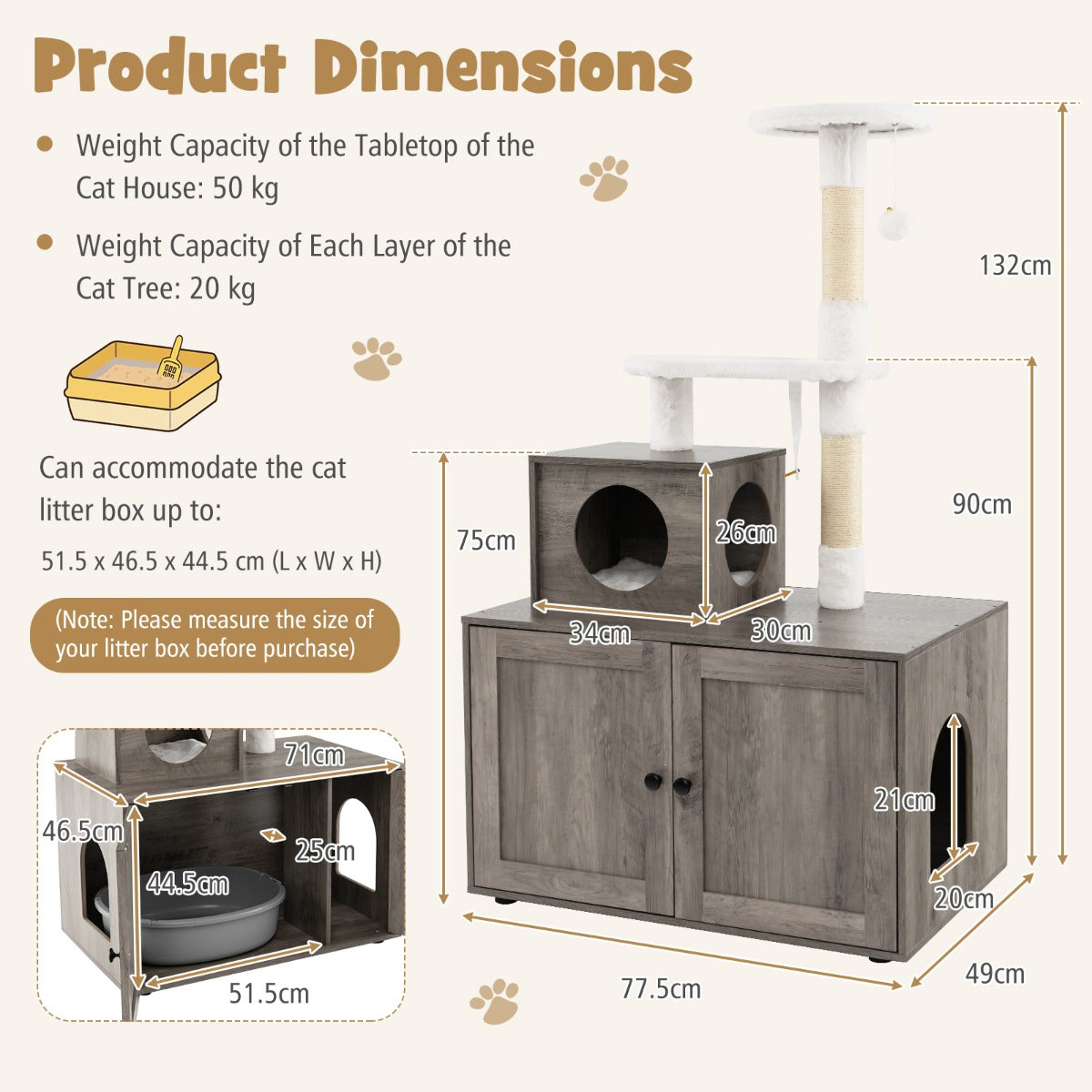 LIVSK Kattenkast met Klimpaal - Multifunctioneel Design met Krabpalen en Opbergruimte - Stevige Constructie - Grijs