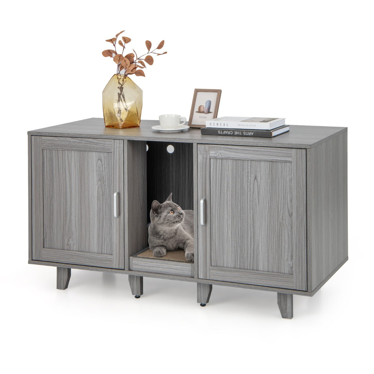 LIVSK Multifunctionele Kattenkast - 3-in-1 Meubilair met Privacy - Krabplank - Voor TV's tot 50 inch - 120 x 52 x 65 cm - Grijs