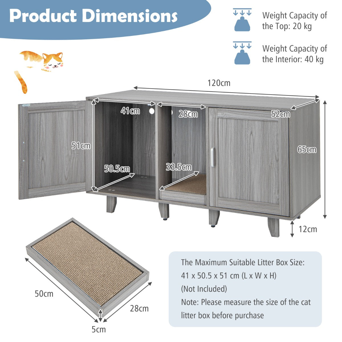 LIVSK Multifunctionele Kattenkast - 3-in-1 Meubilair met Privacy - Krabplank - Voor TV's tot 50 inch - 120 x 52 x 65 cm - Grijs