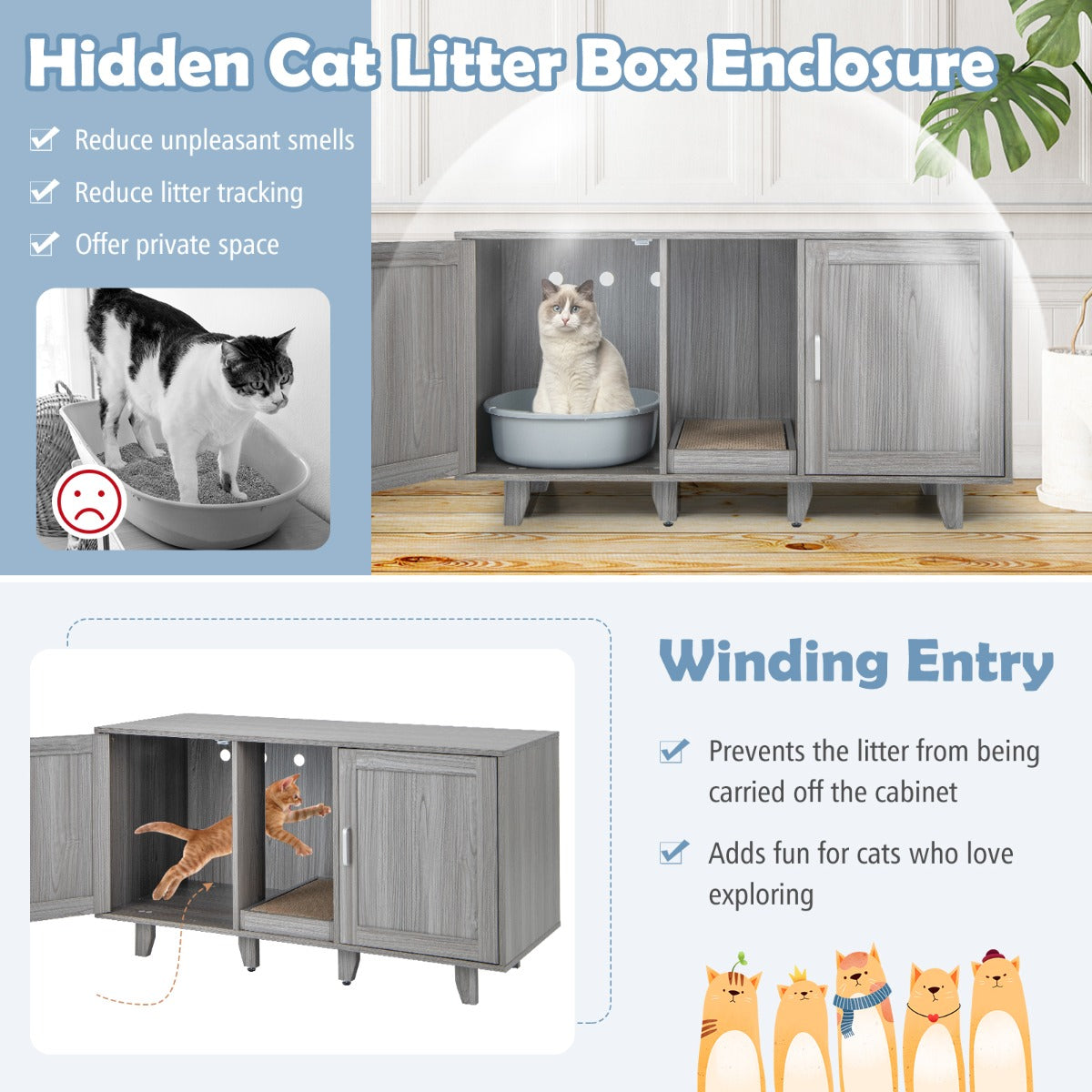 LIVSK Multifunctionele Kattenkast - 3-in-1 Meubilair met Privacy - Krabplank - Voor TV's tot 50 inch - 120 x 52 x 65 cm - Grijs