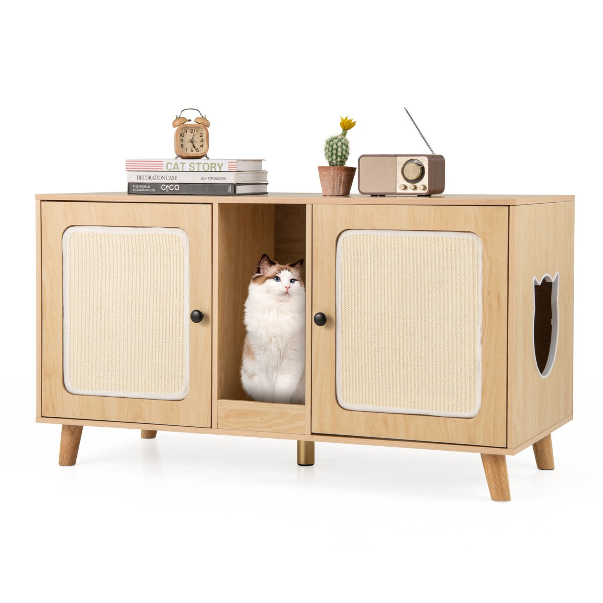LIVSK Kattenbakkast - 2 Ruimtes van 108 x 50 x 60 cm - Multifunctioneel Meubel - Sisal-Krabmatten - Natuur/Wit