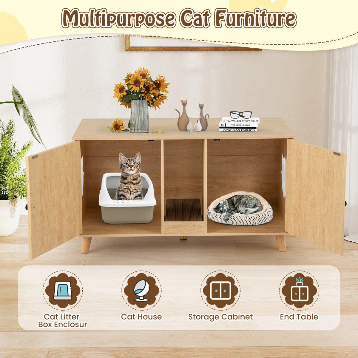 LIVSK Kattenbakkast - 2 Ruimtes van 108 x 50 x 60 cm - Multifunctioneel Meubel - Sisal-Krabmatten - Natuur/Wit