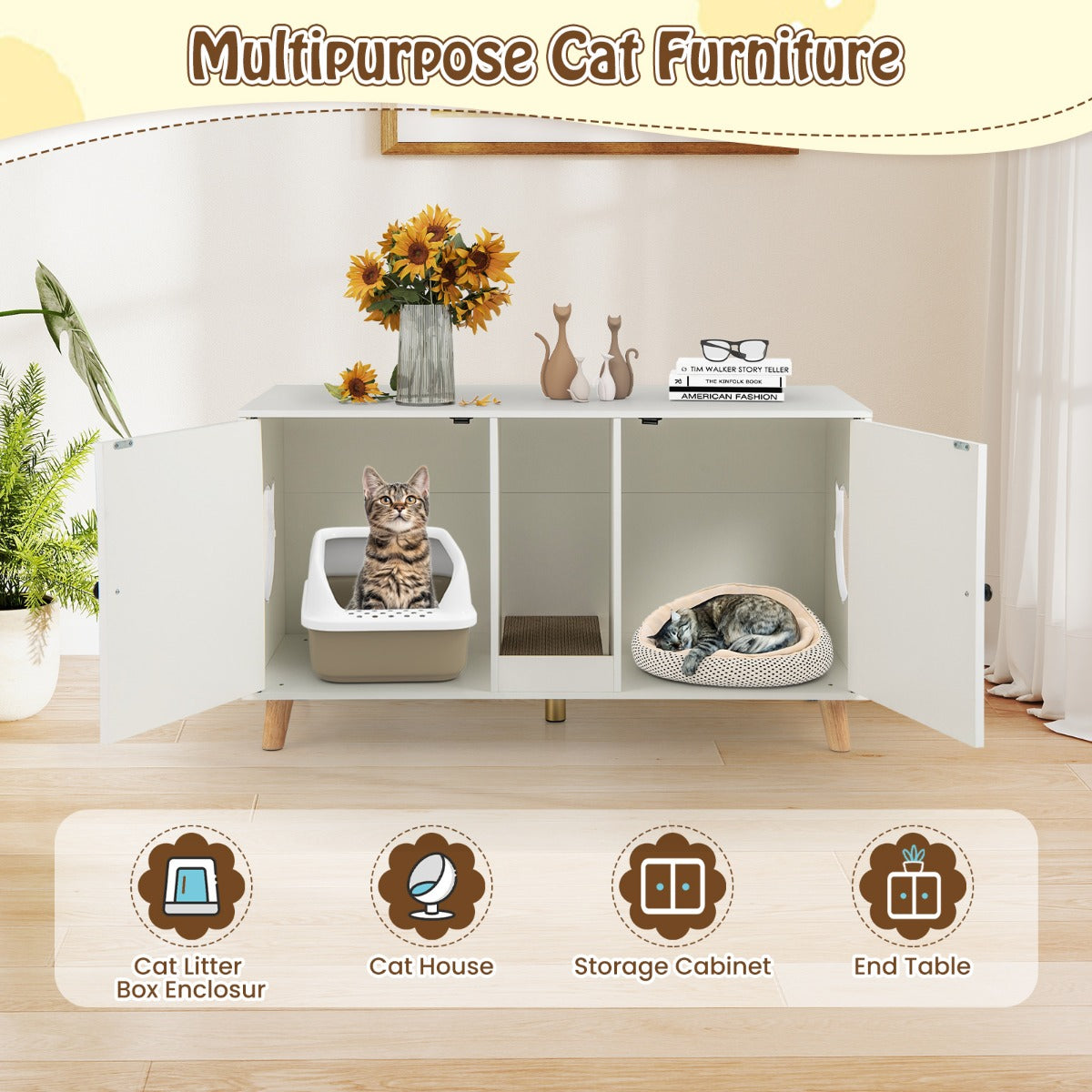 LIVSK Kattenkast met 2 Ruimtes - Multifunctioneel Meubel - Krabmatten - Afgeschermde Privacy - 108 x 50 x 60 cm - Natuur/Wit