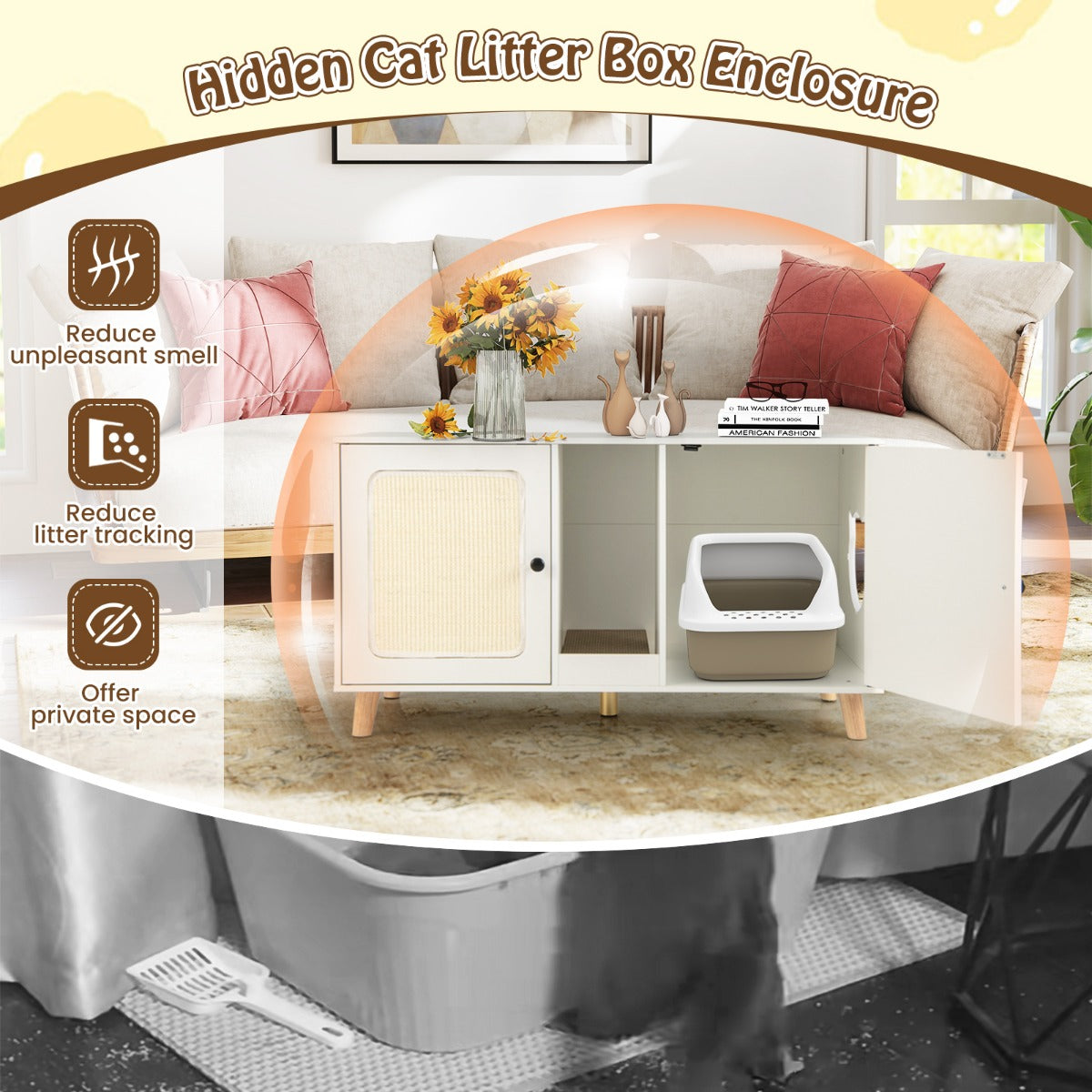 LIVSK Kattenkast met 2 Ruimtes - Multifunctioneel Meubel - Krabmatten - Afgeschermde Privacy - 108 x 50 x 60 cm - Natuur/Wit