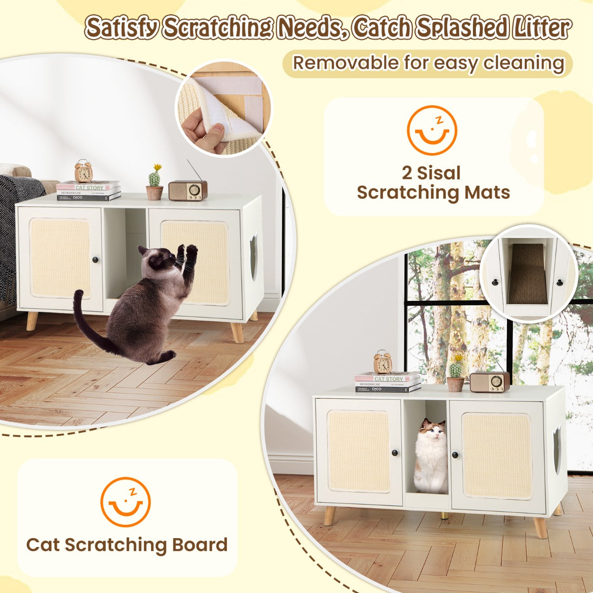 LIVSK Kattenkast met 2 Ruimtes - Multifunctioneel Meubel - Krabmatten - Afgeschermde Privacy - 108 x 50 x 60 cm - Natuur/Wit
