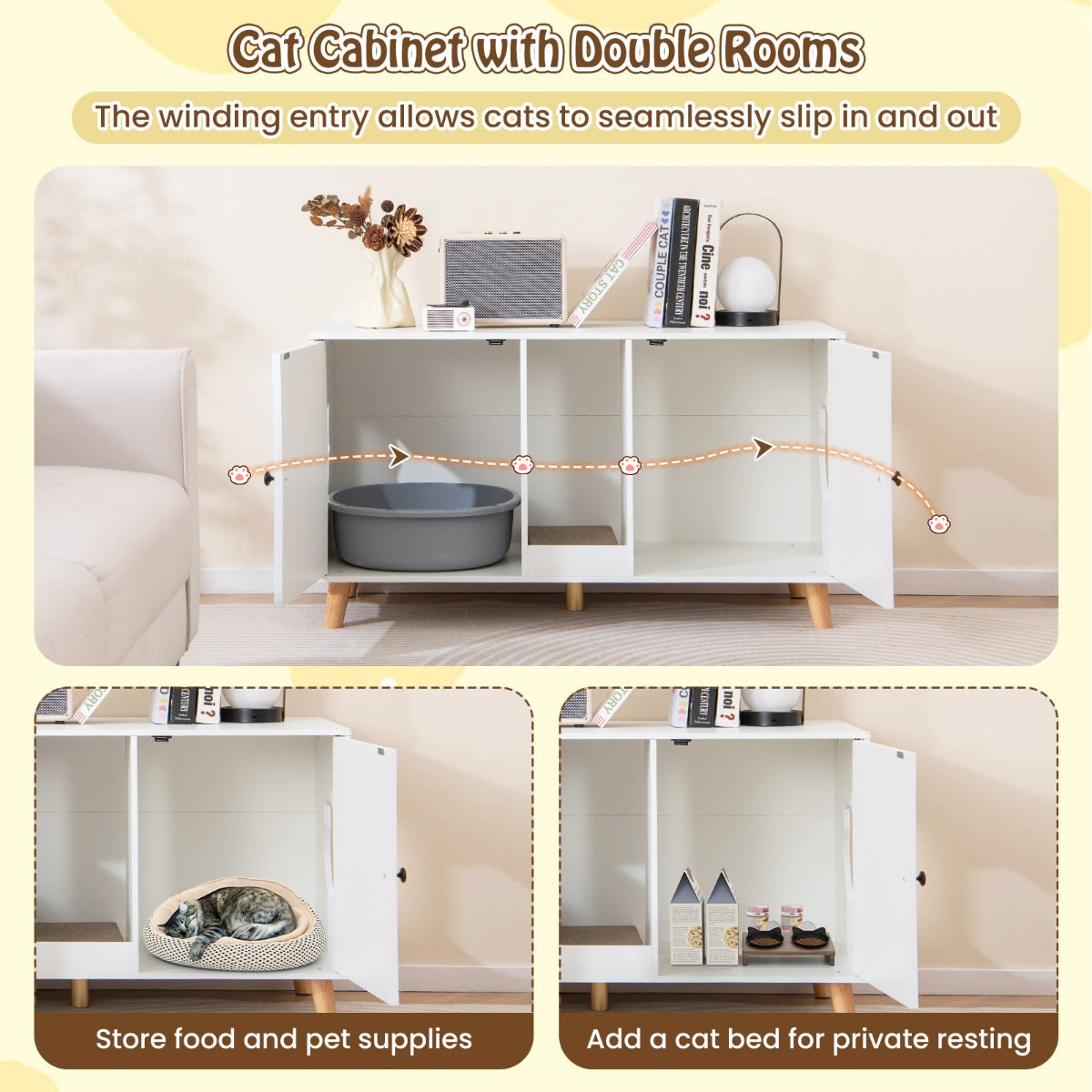 LIVSK Kattenkast met 2 Ruimtes - Multifunctioneel Meubel - Krabmatten - Afgeschermde Privacy - 108 x 50 x 60 cm - Natuur/Wit