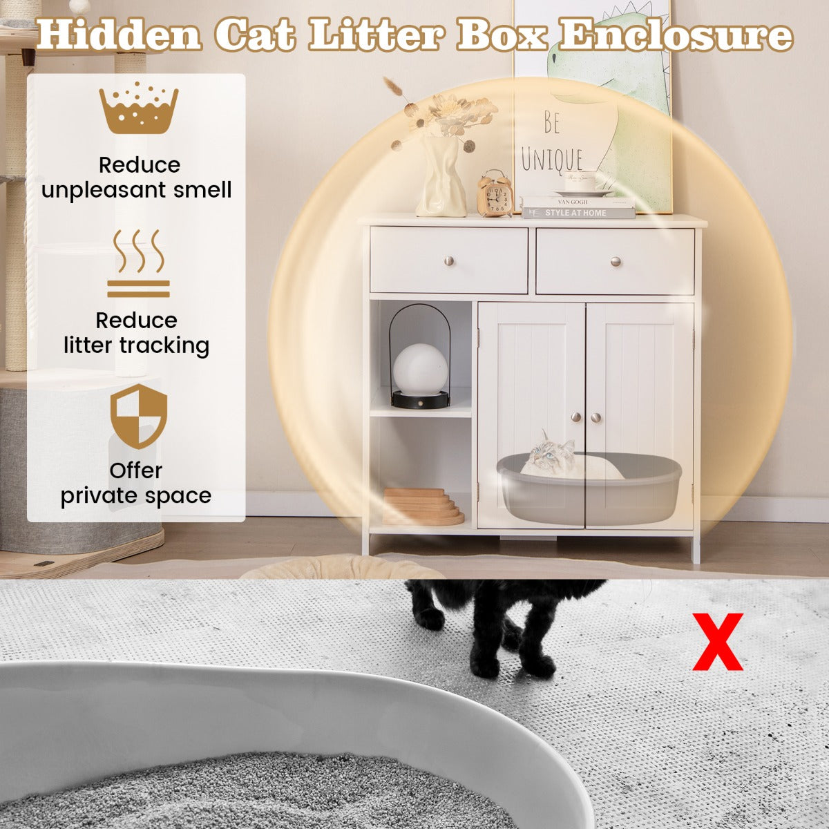 LIVSK Kattenkast met 2 Laden en Deuren - Privacy voor Kattenbak - Veelzijdig Design - Eenvoudig Onderhoud - 80 x 51 x 78 cm - Wit