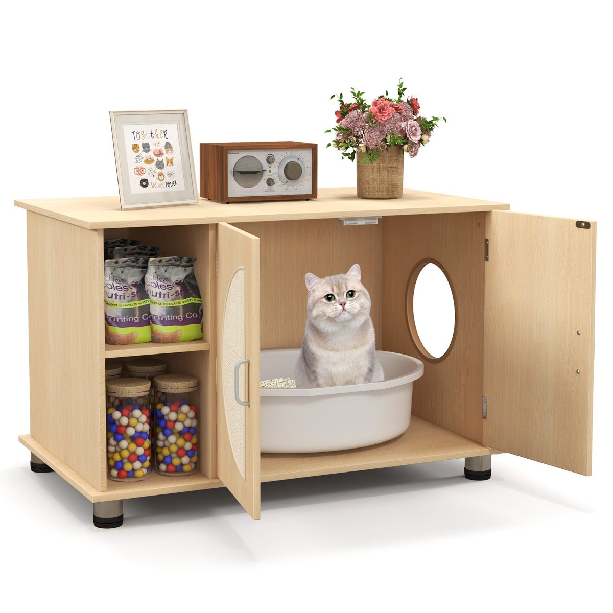 LIVSK Natuurlijke Kattenkast voor Kattentoilet - Dubbele Sisal Krabdeuren - Verhoogde Privacy - Multifunctioneel - 82 x 48 x 52