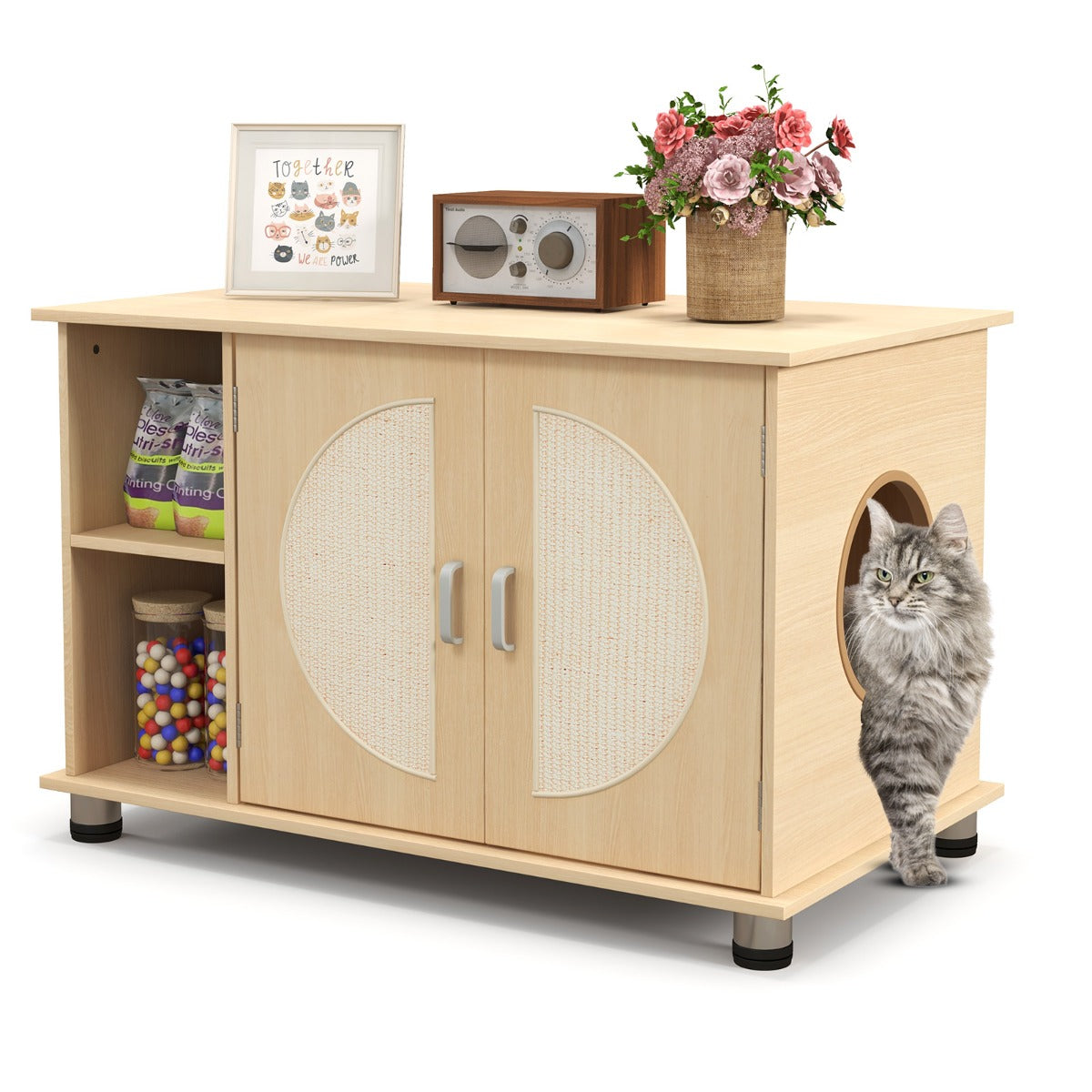 LIVSK Natuurlijke Kattenkast voor Kattentoilet - Dubbele Sisal Krabdeuren - Verhoogde Privacy - Multifunctioneel - 82 x 48 x 52